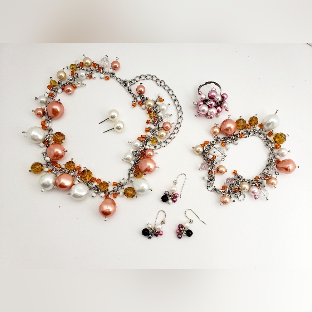 8-Piece Set Pearl Necklace, Ring, Earrings and Bracelet Ensemble